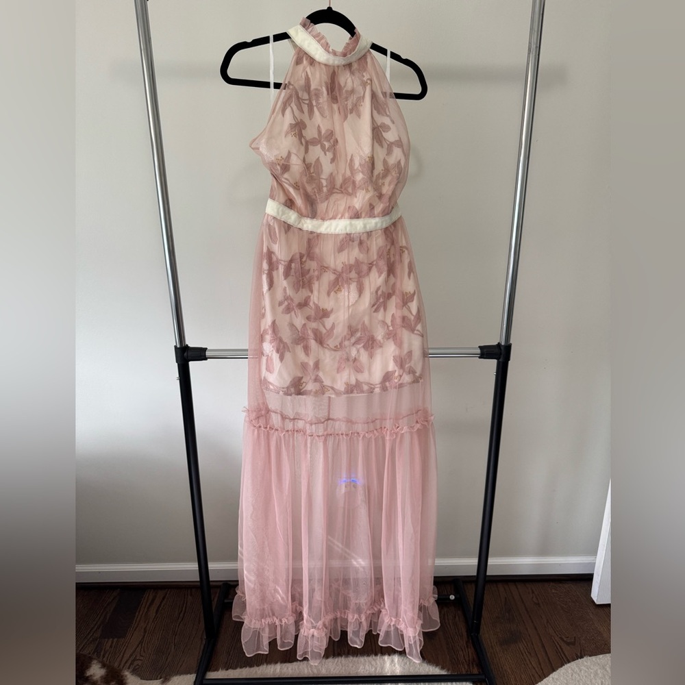Sheer Pink Floral Halter Maxi Dress